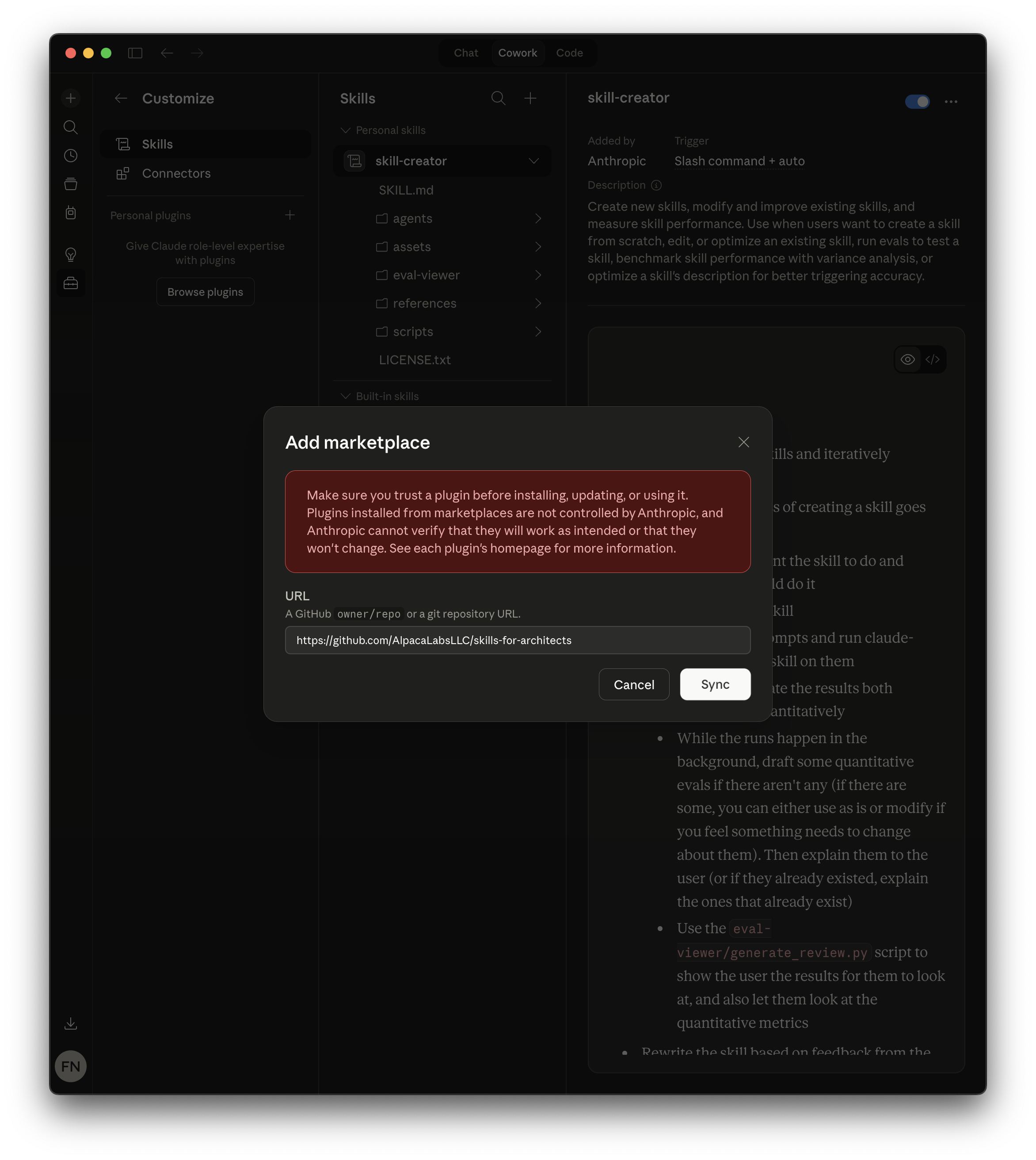 Add marketplace dialog in Claude Desktop with the Architecture Studio repository URL entered