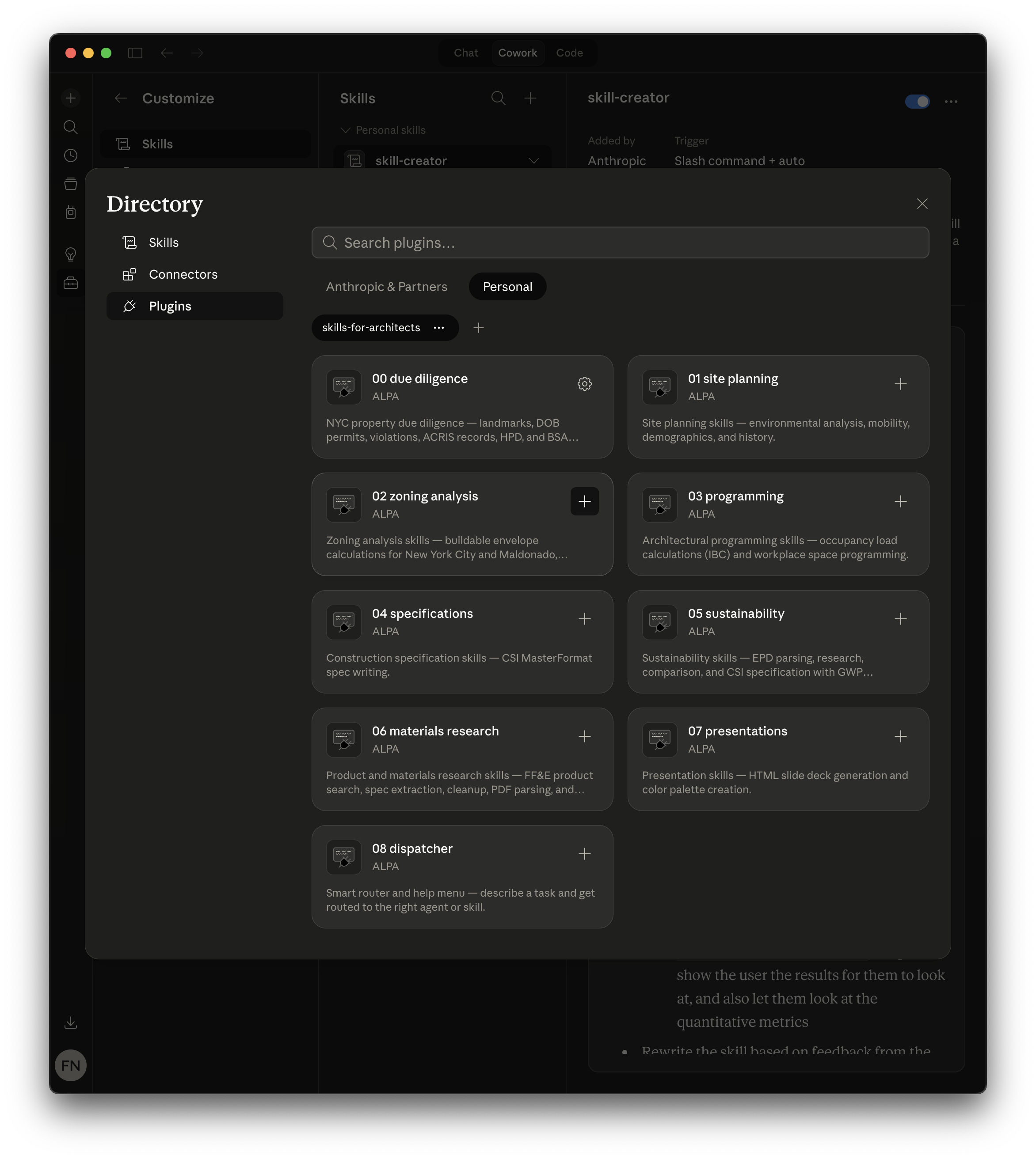 Claude Desktop Directory showing all nine Architecture Studio plugins available for installation under the Personal tab