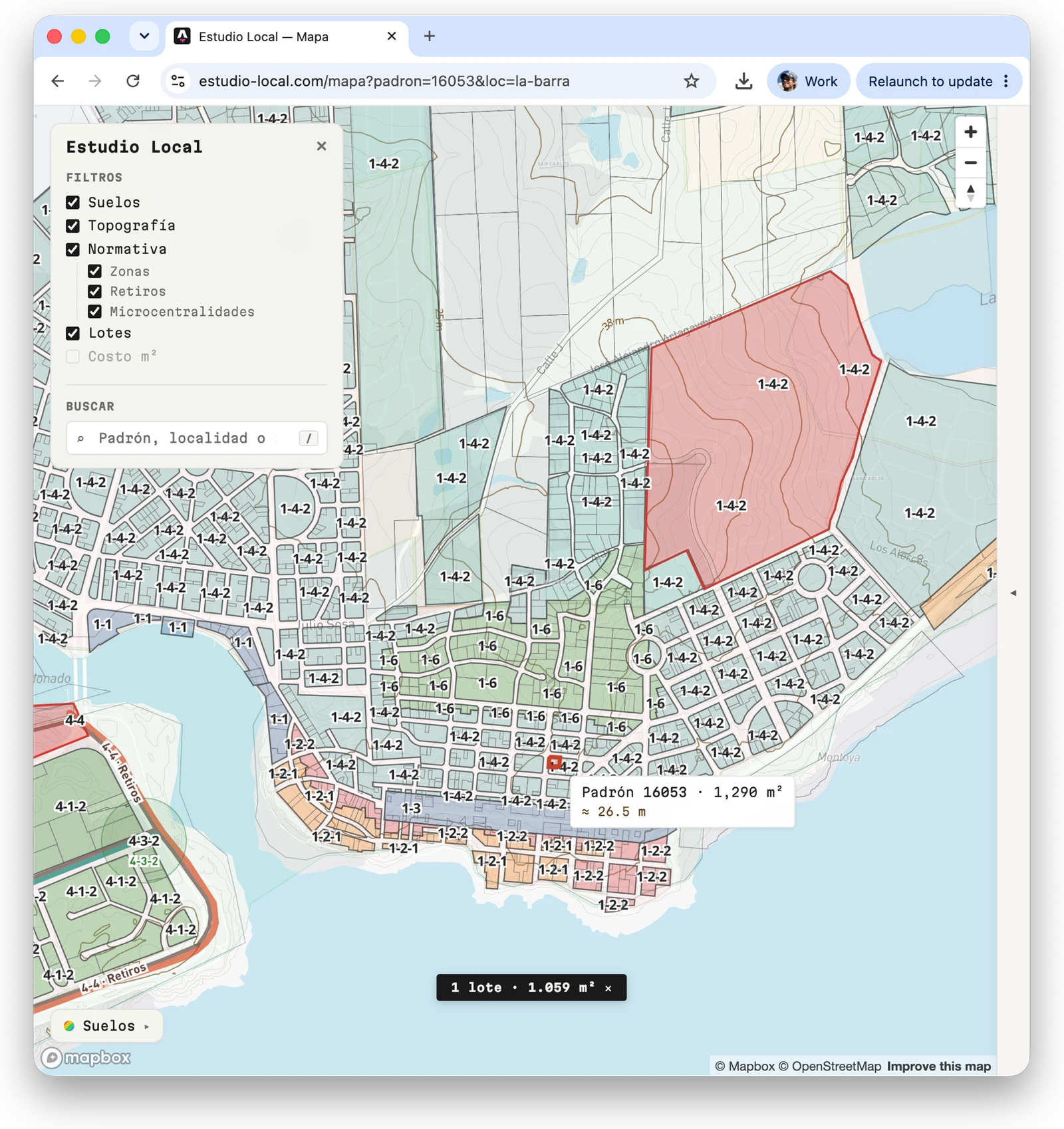 Mapa — parcel-level zoning, soils and topography for La Barra, Maldonado, with padrón 16053 selected