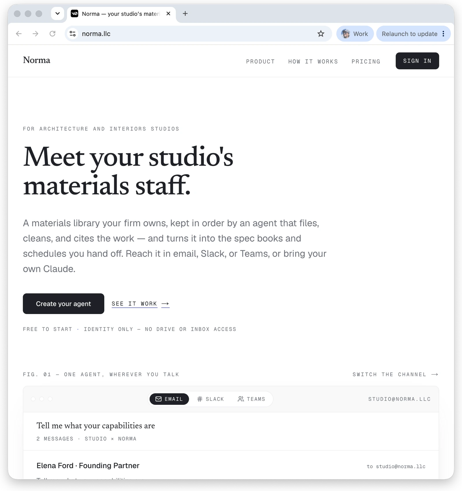norma.llc — a materials library your firm owns, reachable in email, Slack or Teams